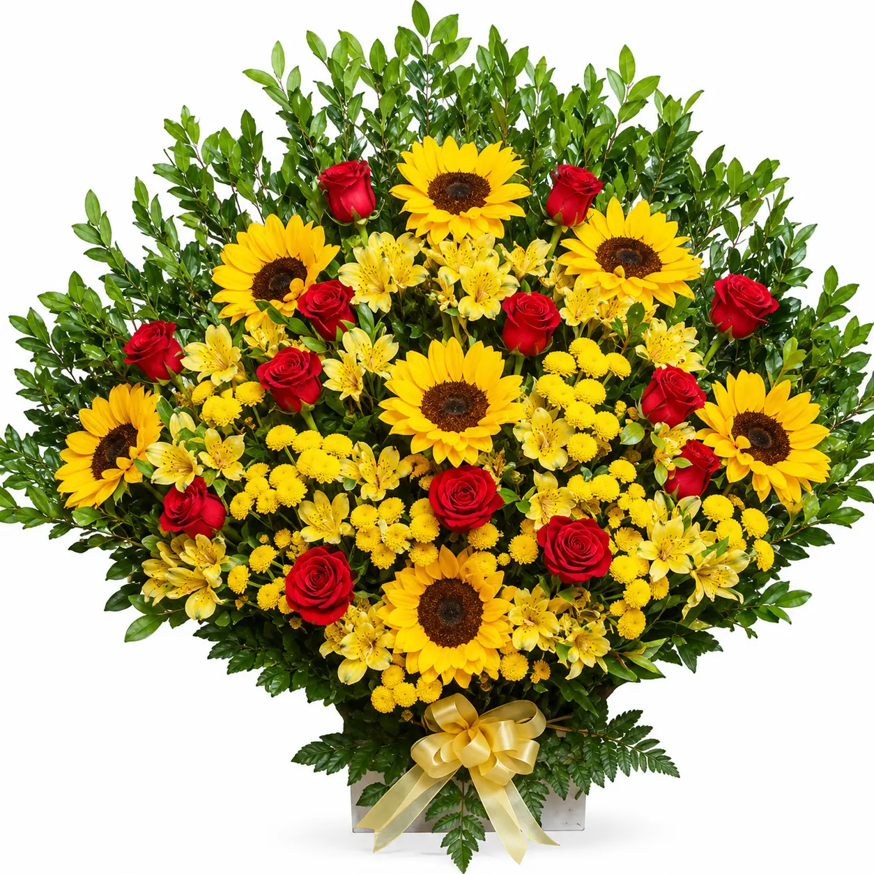 arreglo floral colorido con rosas astromelias y girasoles para eventos con entrega en Lima